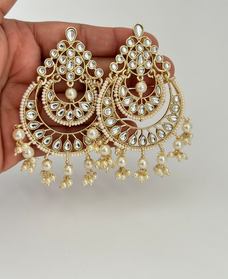 White gold Pearl Kundan chandbali Earrings, White chandbali earrings, Indian pakistani wedding jewelry, bridesmaid gift