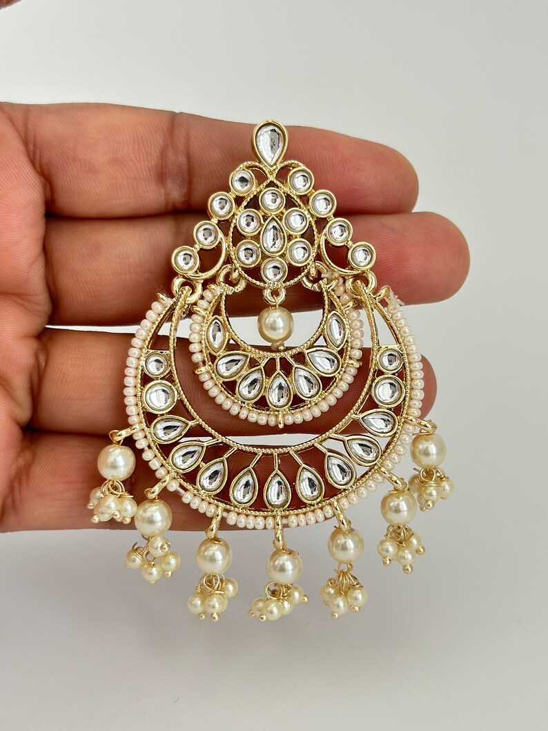 White gold Pearl Kundan chandbali Earrings, White chandbali earrings, Indian pakistani wedding jewelry, bridesmaid gift