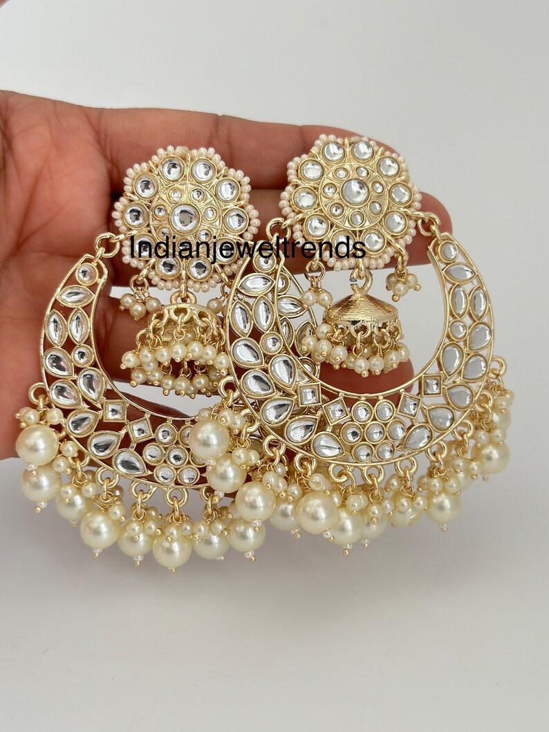 White gold Pearl Kundan chandbali Earrings, White chandbali earrings, Indian pakistani wedding jewelry, bridesmaid gift
