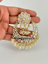 White gold Pearl Kundan chandbali Earrings, White chandbali earrings, Indian pakistani wedding jewelry, bridesmaid gift