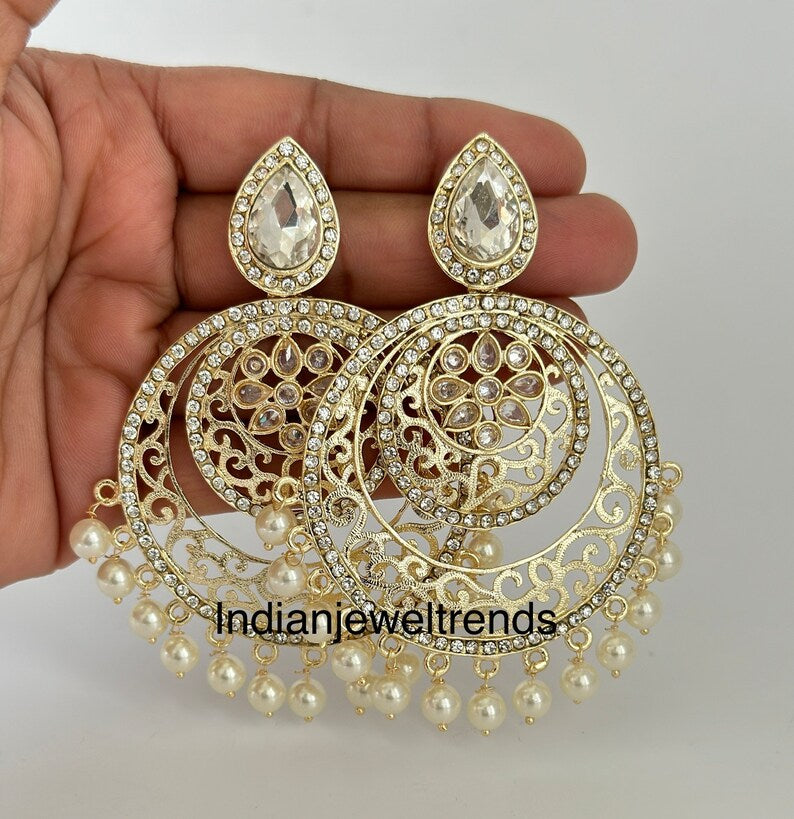 White gold Pearl Kundan chandbali Earrings, White chandbali earrings, Indian pakistani wedding jewelry, bridesmaid gift