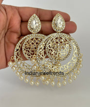 White gold Pearl Kundan chandbali Earrings, White chandbali earrings, Indian pakistani wedding jewelry, bridesmaid gift