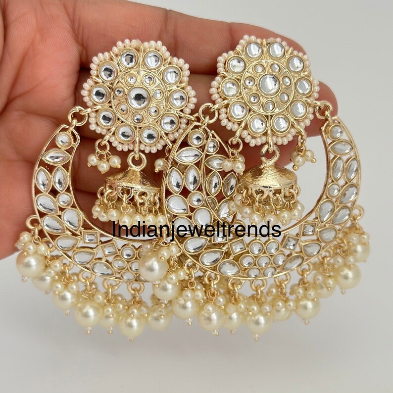 White gold Pearl Kundan chandbali Earrings, White chandbali earrings, Indian pakistani wedding jewelry, bridesmaid gift