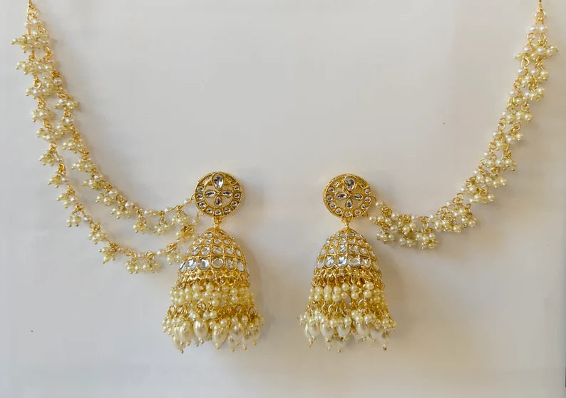 Bahubali Kundan Pearl Jhumka with sahare /Kundan Gold Jhumka/Indian/Pakistani/Punjabi/Statement earring/Bridal earring/Indian wedding