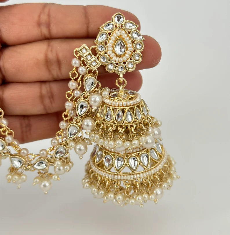 Bahubali Kundan Pearl Jhumka/stone Jhumka/Indian Jewelry/Pakistani/Punjabi/Indian/Statement earring/Bridal earrings/Indian wedding jewelry