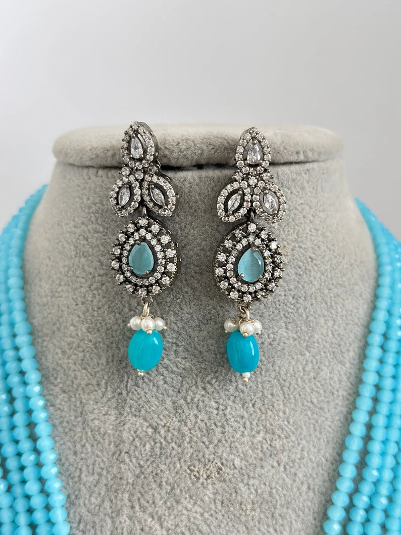 Aqua Blue Multi-strands American Diamond Long Necklace/Indian Long Necklace/Indian wedding/Bridal/Pakistani Jewelry/Mala necklace