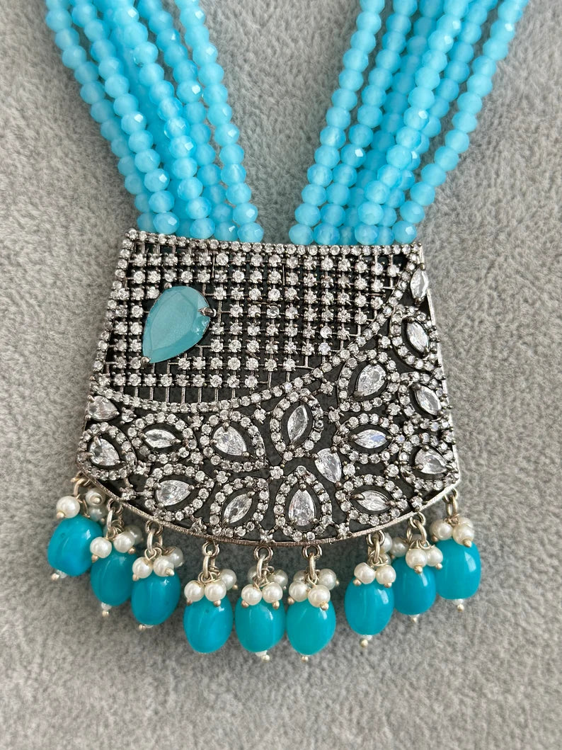 Aqua Blue Multi-strands American Diamond Long Necklace/Indian Long Necklace/Indian wedding/Bridal/Pakistani Jewelry/Mala necklace