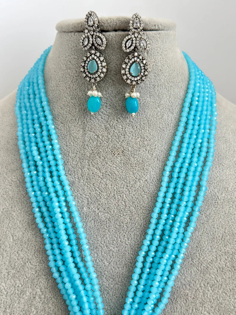 Aqua Blue Multi-strands American Diamond Long Necklace/Indian Long Necklace/Indian wedding/Bridal/Pakistani Jewelry/Mala necklace