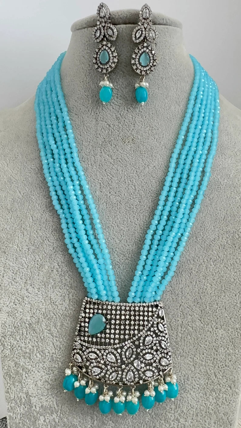 Aqua Blue Multi-strands American Diamond Long Necklace/Indian Long Necklace/Indian wedding/Bridal/Pakistani Jewelry/Mala necklace