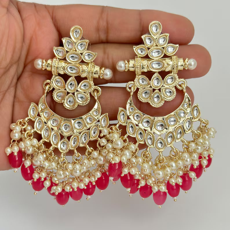 Bollywood Kundan Chandbali Earrings Indian Earrings pearl Earring Pakistani Earrings Statement Earrings Long chandelier Indian wedding