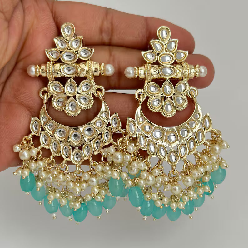 Bollywood Kundan Chandbali Earrings Indian Earrings pearl Earring Pakistani Earrings Statement Earrings Long chandelier Indian wedding