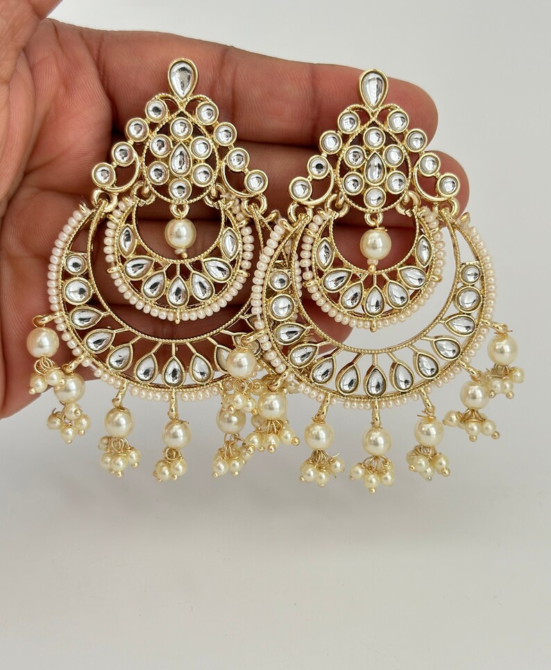 White gold Pearl Kundan chandbali Earrings, White chandbali earrings, Indian pakistani wedding jewelry, bridesmaid gift