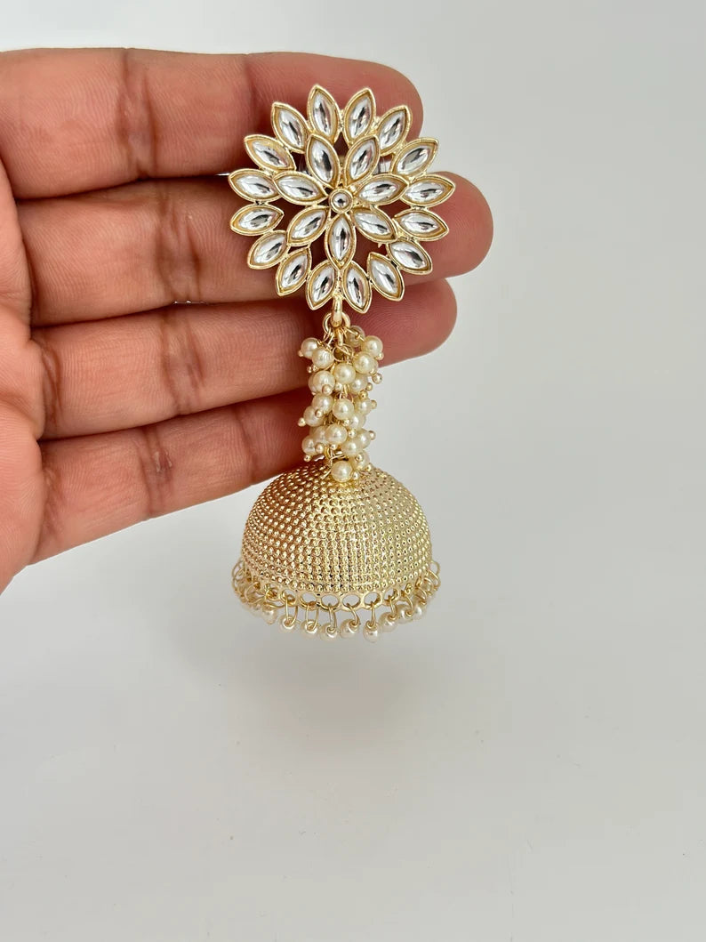 White Gold Pearl Jhumka/Punjabi Jewelry/Bollywood Jewelry/Gold Kundan Jhumkas/TrendyJhumka Earring/Indian Jewelry/Pakistani Jewelry