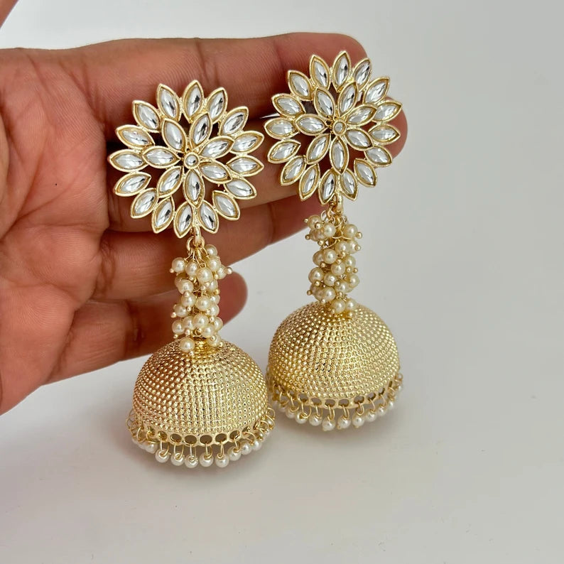 White Gold Pearl Jhumka/Punjabi Jewelry/Bollywood Jewelry/Gold Kundan Jhumkas/TrendyJhumka Earring/Indian Jewelry/Pakistani Jewelry
