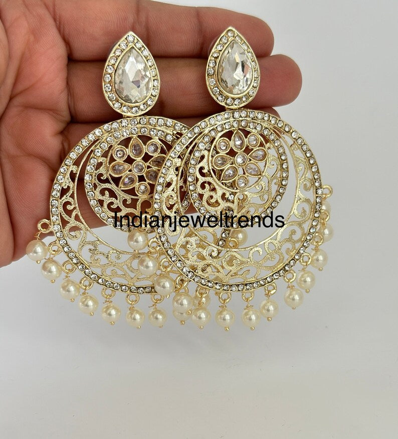 White gold Pearl Kundan chandbali Earrings, White chandbali earrings, Indian pakistani wedding jewelry, bridesmaid gift