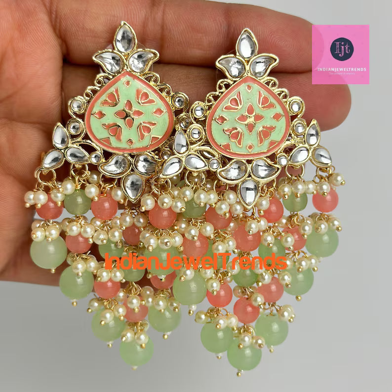 Bollywood Meenakari Kundan Chandbali Earrings/Indian Earrings/pearl Earring/Pakistani /Statement Earrings/Long chandelier/Indian wedding