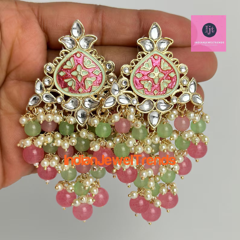 Bollywood Meenakari Kundan Chandbali Earrings/Indian Earrings/pearl Earring/Pakistani /Statement Earrings/Long chandelier/Indian wedding