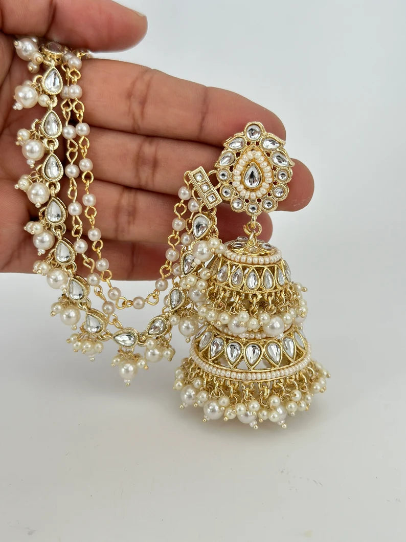 Bahubali Kundan Pearl Jhumka/stone Jhumka/Indian Jewelry/Pakistani/Punjabi/Indian/Statement earring/Bridal earrings/Indian wedding jewelry