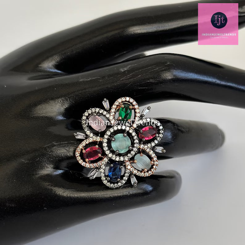 CZ Diamond Rings/Statement Rings/Adjustable Rings/Indian Rings/Pakistani Jewelry/Indian/Bollywood Jewelry/Indian Wedding/Cocktail Rings