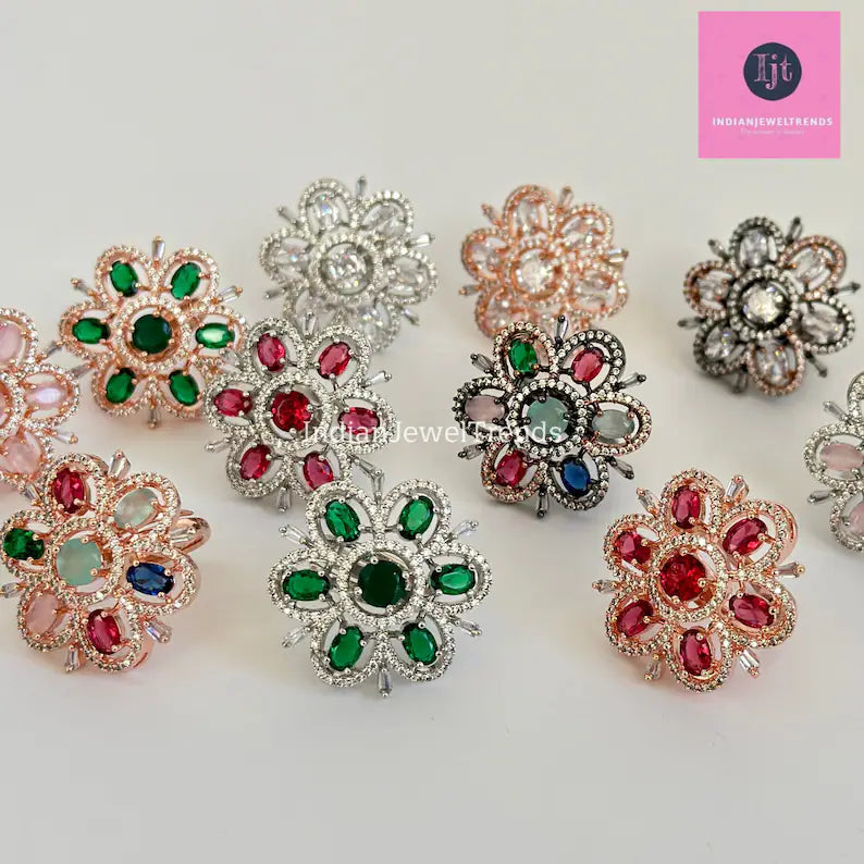 CZ Diamond Rings/Statement Rings/Adjustable Rings/Indian Rings/Pakistani Jewelry/Indian/Bollywood Jewelry/Indian Wedding/Cocktail Rings