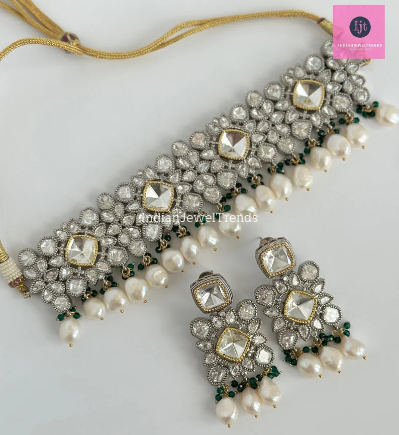 White Moissanite Polki Dual tone necklace, Polki Kundan Necklace, Sabyasachi Necklace, Semi Precious, Bollywood Pakistani, Bridal Necklace