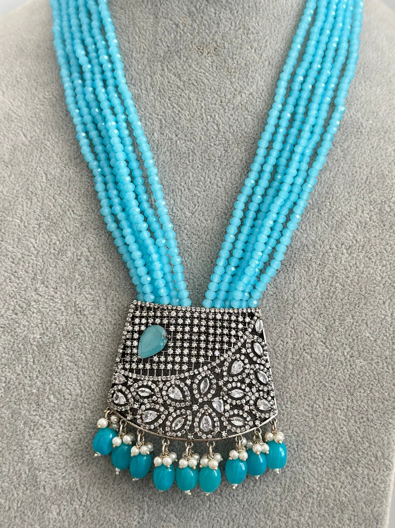 Aqua Blue Multi-strands American Diamond Long Necklace/Indian Long Necklace/Indian wedding/Bridal/Pakistani Jewelry/Mala necklace