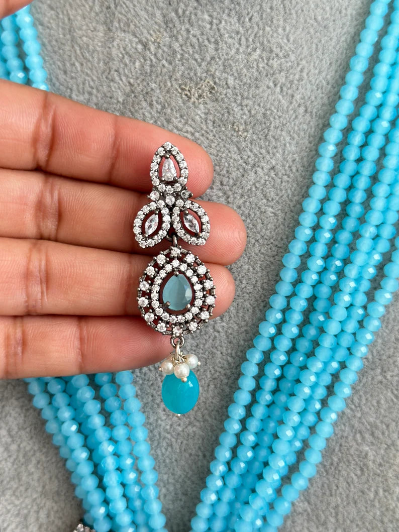 Aqua Blue Multi-strands American Diamond Long Necklace/Indian Long Necklace/Indian wedding/Bridal/Pakistani Jewelry/Mala necklace