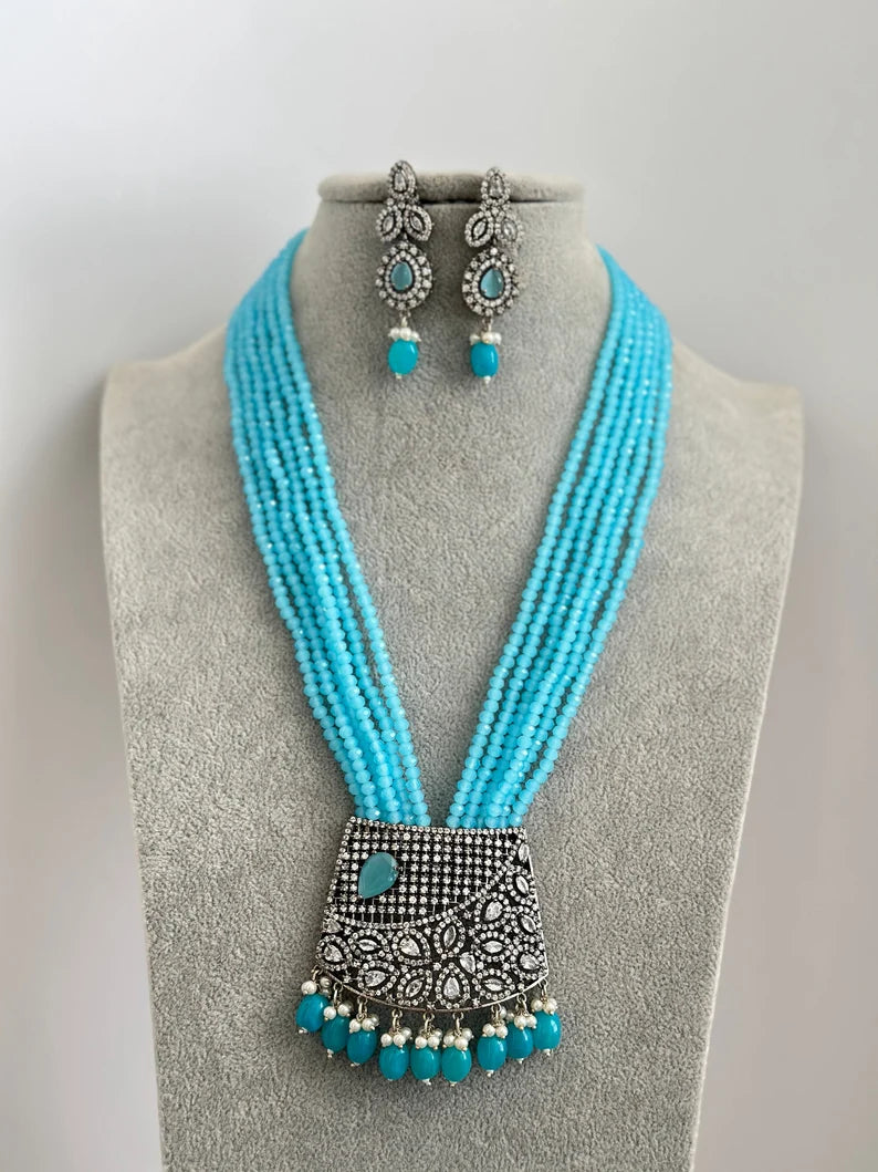 Aqua Blue Multi-strands American Diamond Long Necklace/Indian Long Necklace/Indian wedding/Bridal/Pakistani Jewelry/Mala necklace