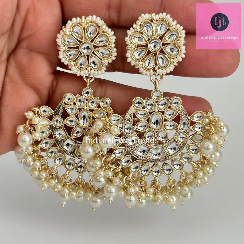 White gold Pearl Kundan chandbali Earrings, White chandbali earrings, Indian pakistani wedding jewelry, bridesmaid gift
