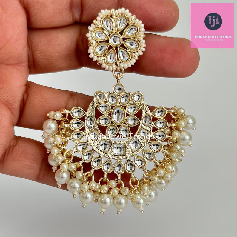 White gold Pearl Kundan chandbali Earrings, White chandbali earrings, Indian pakistani wedding jewelry, bridesmaid gift