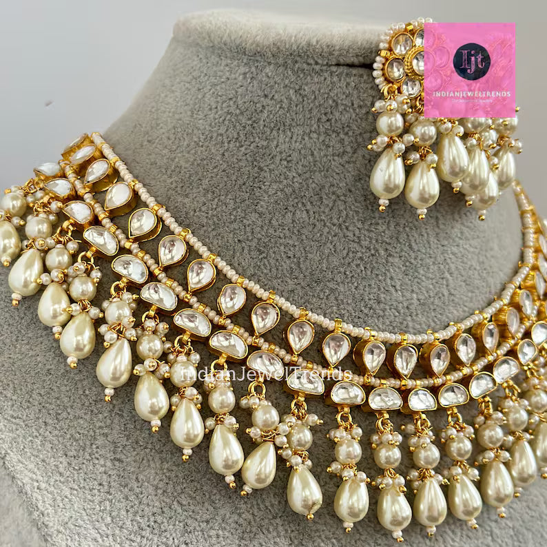 White Pacchi Kundan Pearl Necklace, Indian Punjabi Pakistani wedding necklace Jewelry, Bridal Jewelry