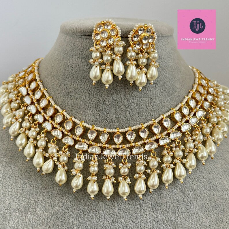 White Pacchi Kundan Pearl Necklace, Indian Punjabi Pakistani wedding necklace Jewelry, Bridal Jewelry