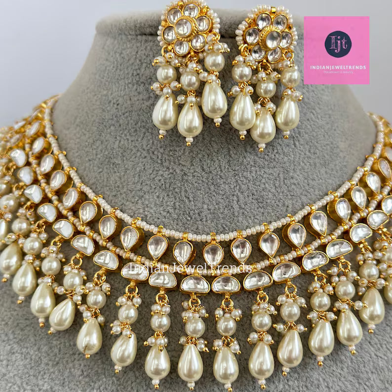 White Pacchi Kundan Pearl Necklace, Indian Punjabi Pakistani wedding necklace Jewelry, Bridal Jewelry