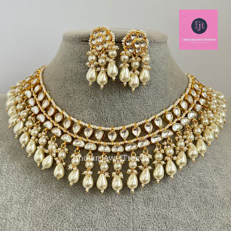 White Pacchi Kundan Pearl Necklace, Indian Punjabi Pakistani wedding necklace Jewelry, Bridal Jewelry