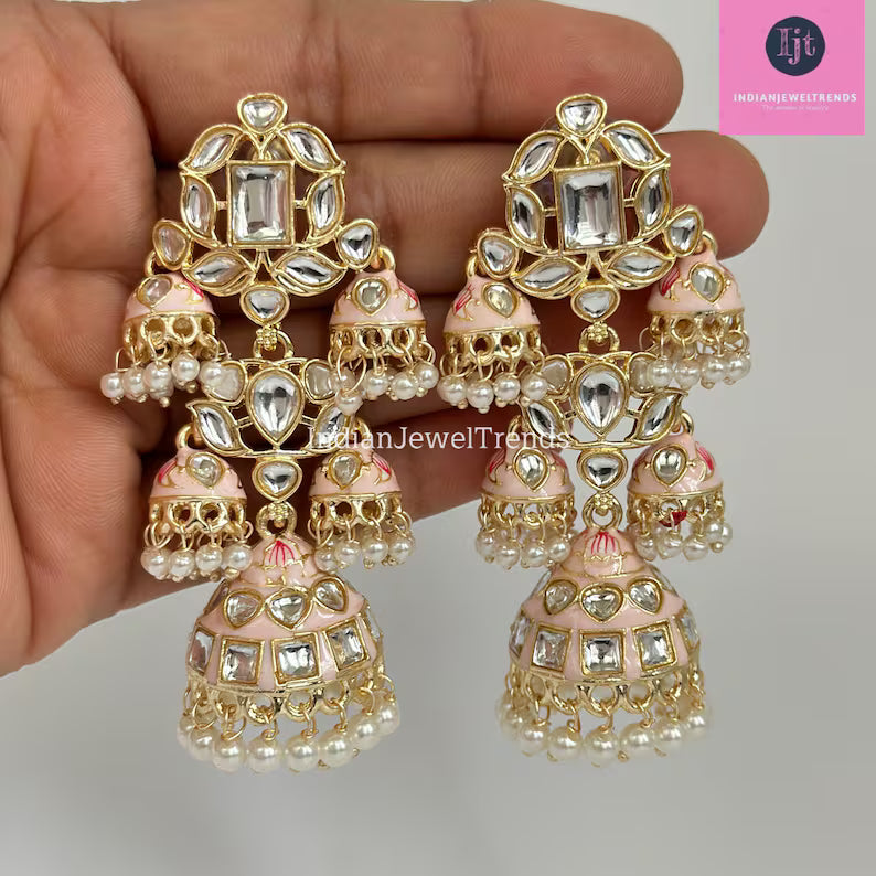 Bahubali Gold Pearl Meenakari Kundan Indian Long Jhumka earrings, Bollywood punjabi pakistani earrings for wedding jewelry