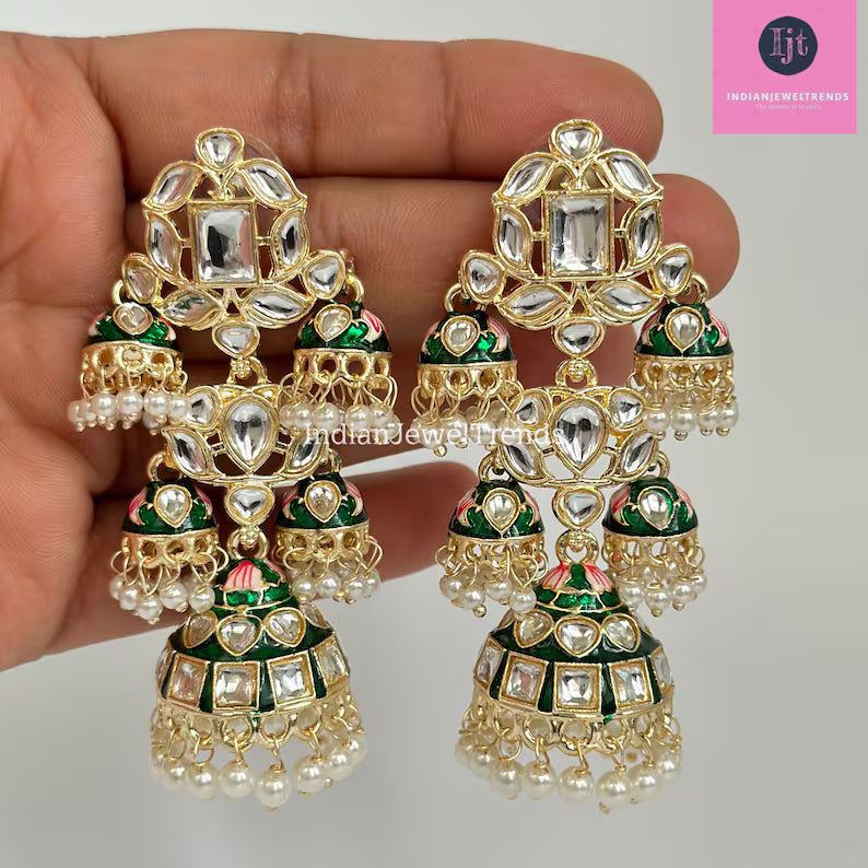 Bahubali Gold Pearl Meenakari Kundan Indian Long Jhumka earrings, Bollywood punjabi pakistani earrings for wedding jewelry