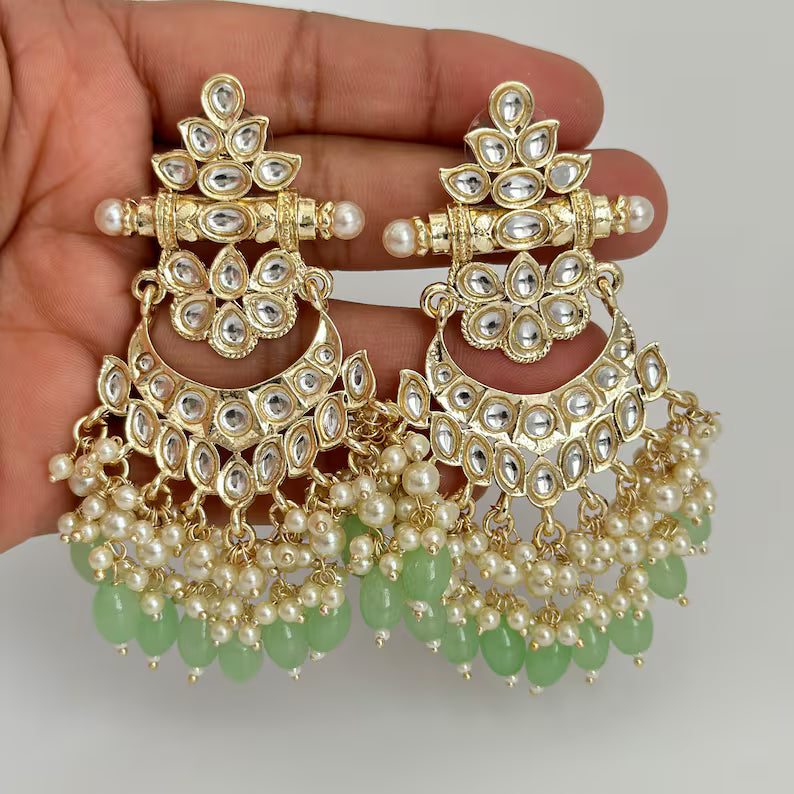Bollywood Kundan Chandbali Earrings Indian Earrings pearl Earring Pakistani Earrings Statement Earrings Long chandelier Indian wedding