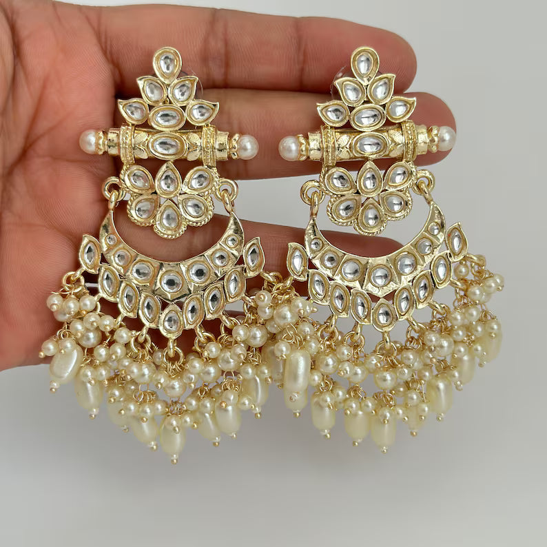 Bollywood Kundan Chandbali Earrings Indian Earrings pearl Earring Pakistani Earrings Statement Earrings Long chandelier Indian wedding