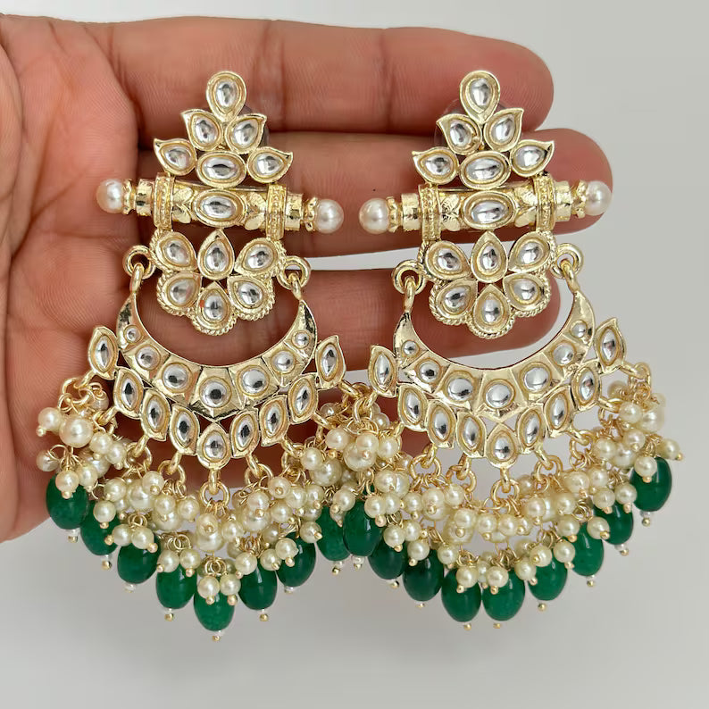 Bollywood Kundan Chandbali Earrings Indian Earrings pearl Earring Pakistani Earrings Statement Earrings Long chandelier Indian wedding