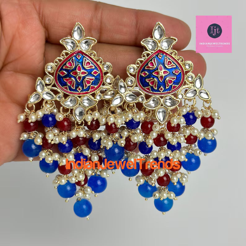 Bollywood Meenakari Kundan Chandbali Earrings/Indian Earrings/pearl Earring/Pakistani /Statement Earrings/Long chandelier/Indian wedding