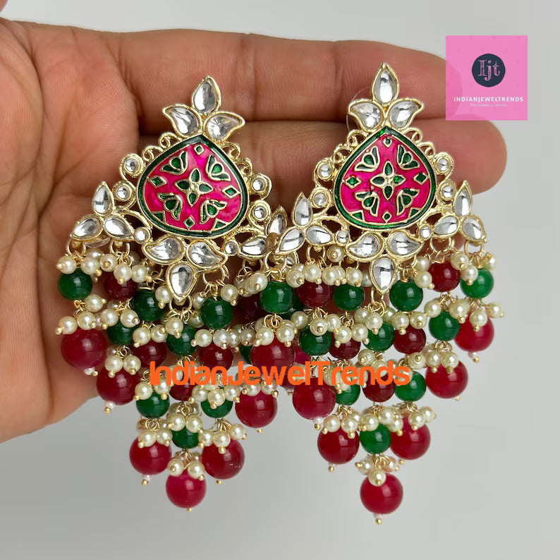 Bollywood Meenakari Kundan Chandbali Earrings/Indian Earrings/pearl Earring/Pakistani /Statement Earrings/Long chandelier/Indian wedding