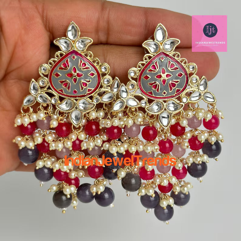 Bollywood Meenakari Kundan Chandbali Earrings/Indian Earrings/pearl Earring/Pakistani /Statement Earrings/Long chandelier/Indian wedding