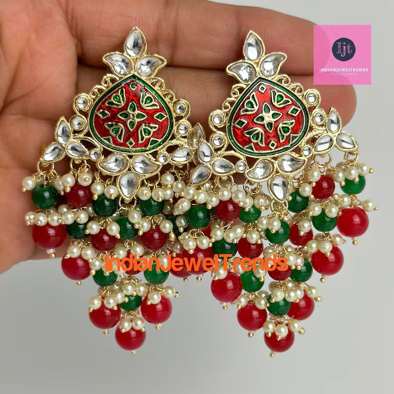 Bollywood Meenakari Kundan Chandbali Earrings/Indian Earrings/pearl Earring/Pakistani /Statement Earrings/Long chandelier/Indian wedding