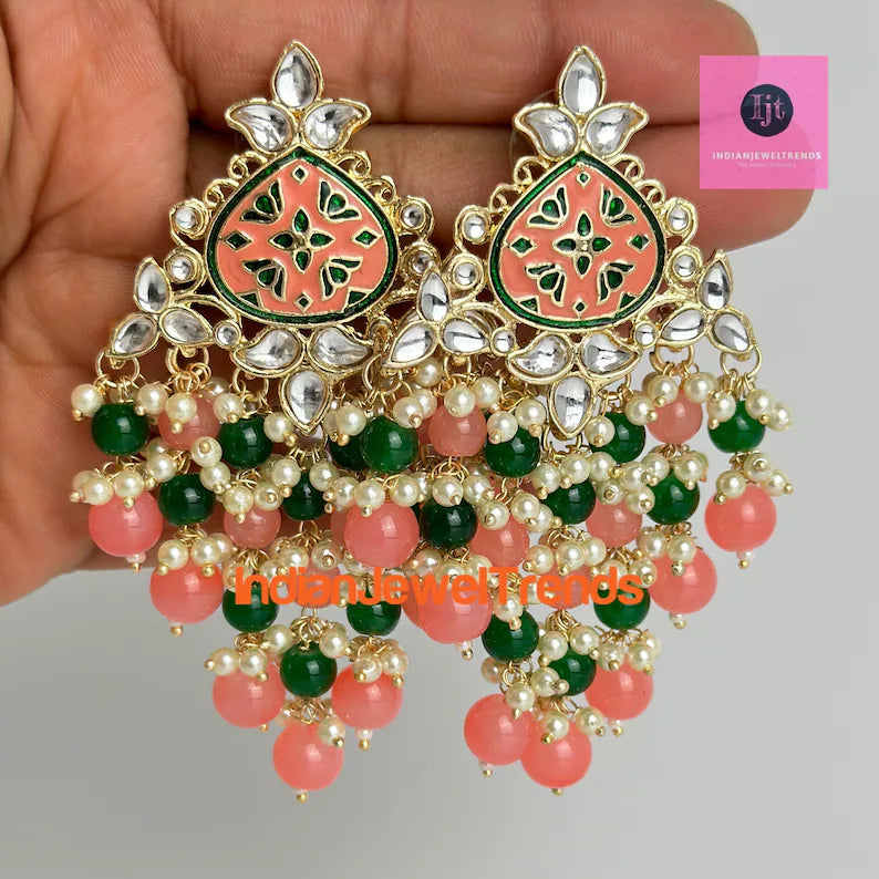 Bollywood Meenakari Kundan Chandbali Earrings/Indian Earrings/pearl Earring/Pakistani /Statement Earrings/Long chandelier/Indian wedding