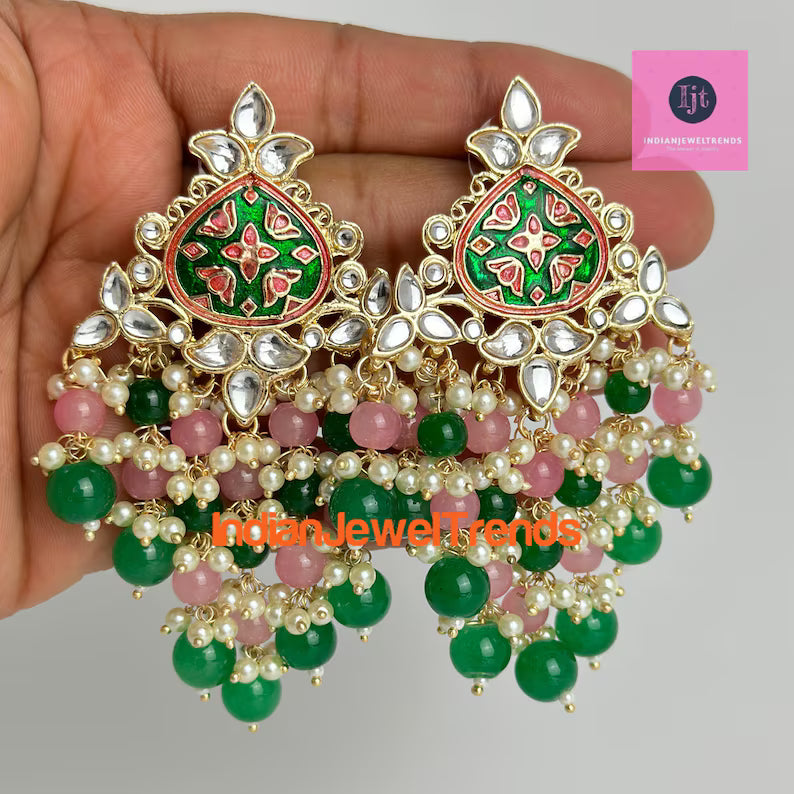Bollywood Meenakari Kundan Chandbali Earrings/Indian Earrings/pearl Earring/Pakistani /Statement Earrings/Long chandelier/Indian wedding