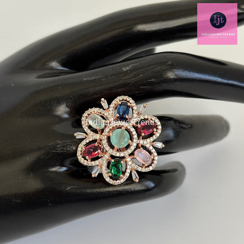 CZ Diamond Rings/Statement Rings/Adjustable Rings/Indian Rings/Pakistani Jewelry/Indian/Bollywood Jewelry/Indian Wedding/Cocktail Rings