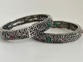 Multicolored Stones Oxidized Silver Bangles(2 Pc)/German Silver/Black Metal/Boho/Tribal/Indian Jewelry/Pakistani Jewelry/Oxidized Bangles