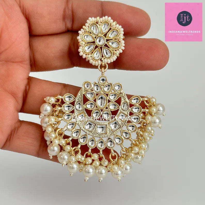 White gold Pearl Kundan chandbali Earrings, White chandbali earrings, Indian pakistani wedding jewelry, bridesmaid gift