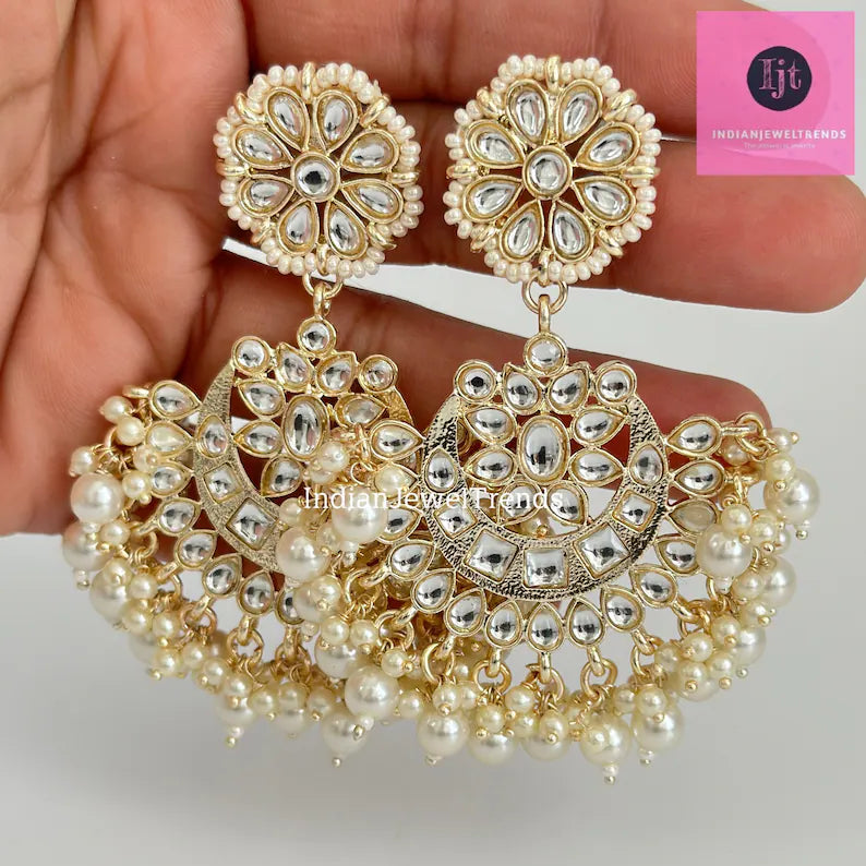 White gold Pearl Kundan chandbali Earrings, White chandbali earrings, Indian pakistani wedding jewelry, bridesmaid gift