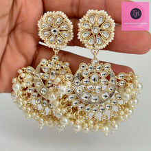 White gold Pearl Kundan chandbali Earrings, White chandbali earrings, Indian pakistani wedding jewelry, bridesmaid gift